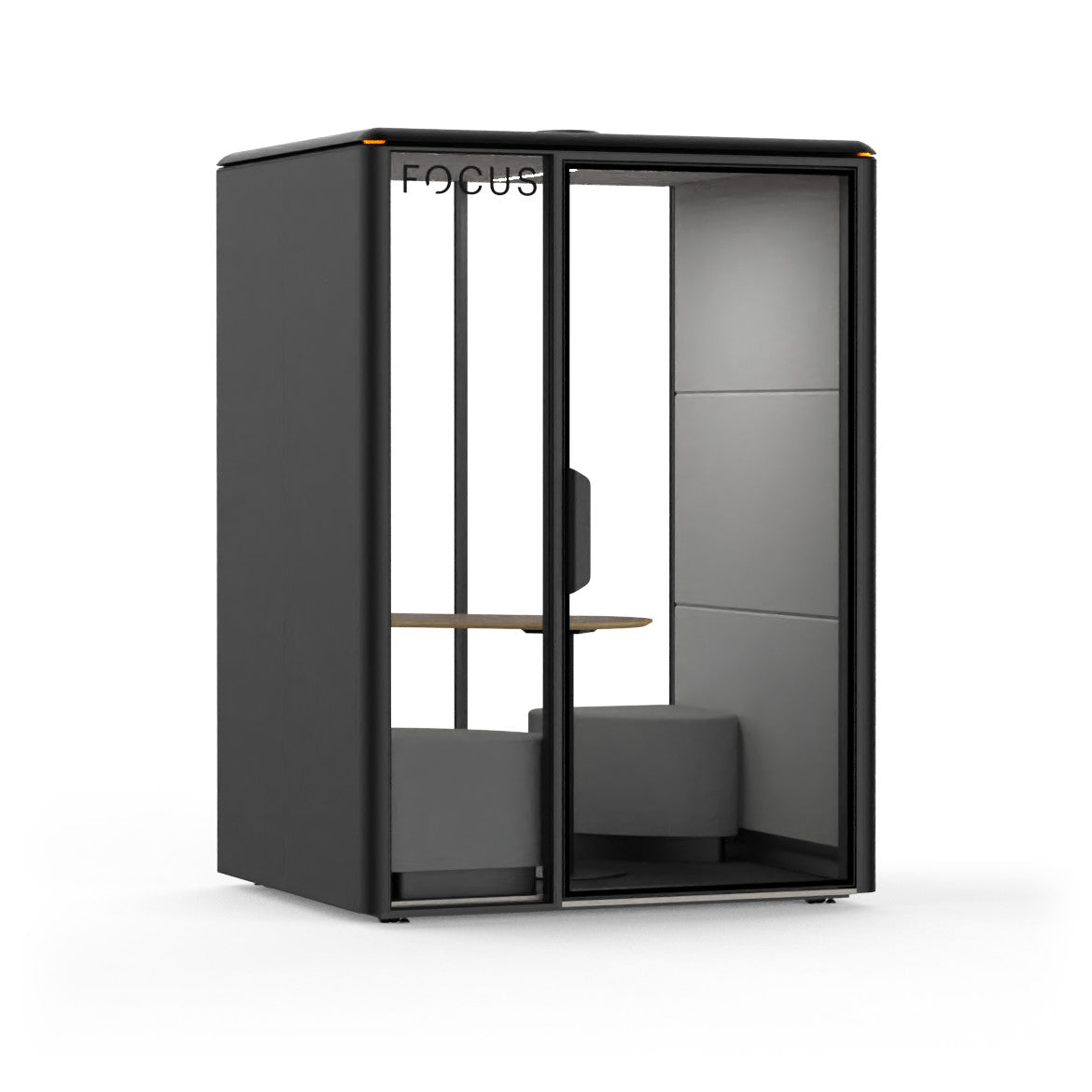 Focus Duo two-person meeting pod in Carbon with two corner benches and a face-to-face table, seen from the front left