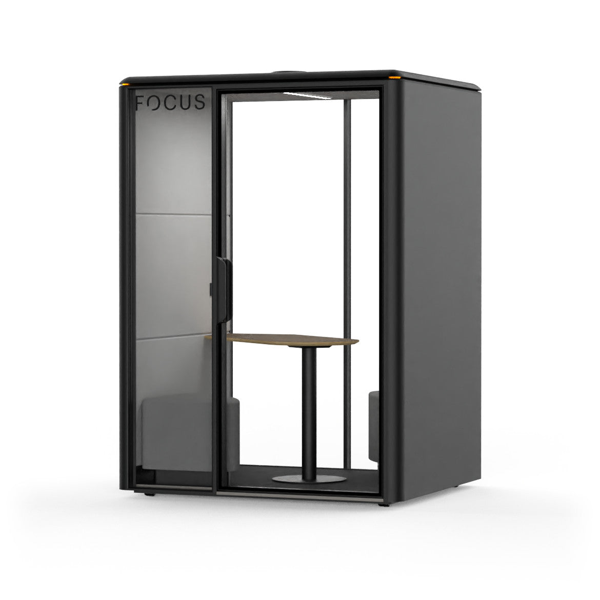 Focus Duo two-person meeting pod in Carbon with two corner benches and a face-to-face table, seen from the front right