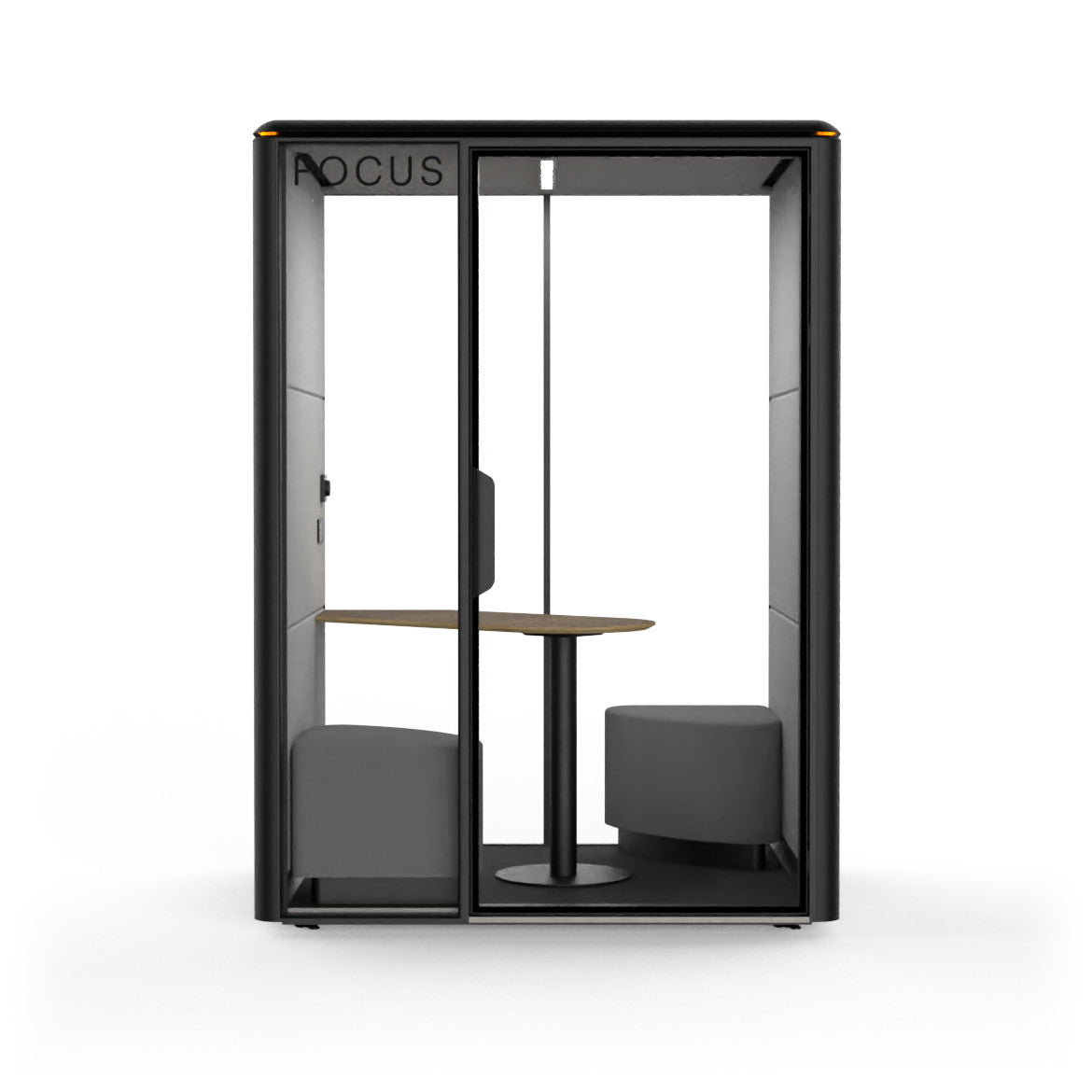 Focus Duo two-person meeting pod in Carbon with two corner benches and a face-to-face table, seen from the front