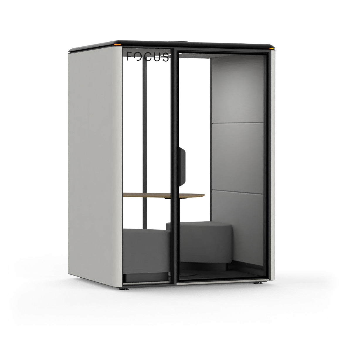 Focus Duo two-person meeting pod in Chalk with two corner benches and a face-to-face table, seen from the front left