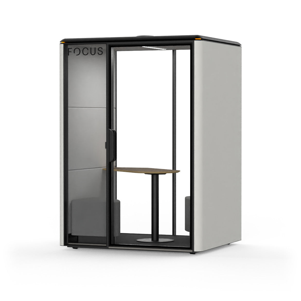 Focus Duo two-person meeting pod in Chalk with two corner benches and a face-to-face table, seen from the front right