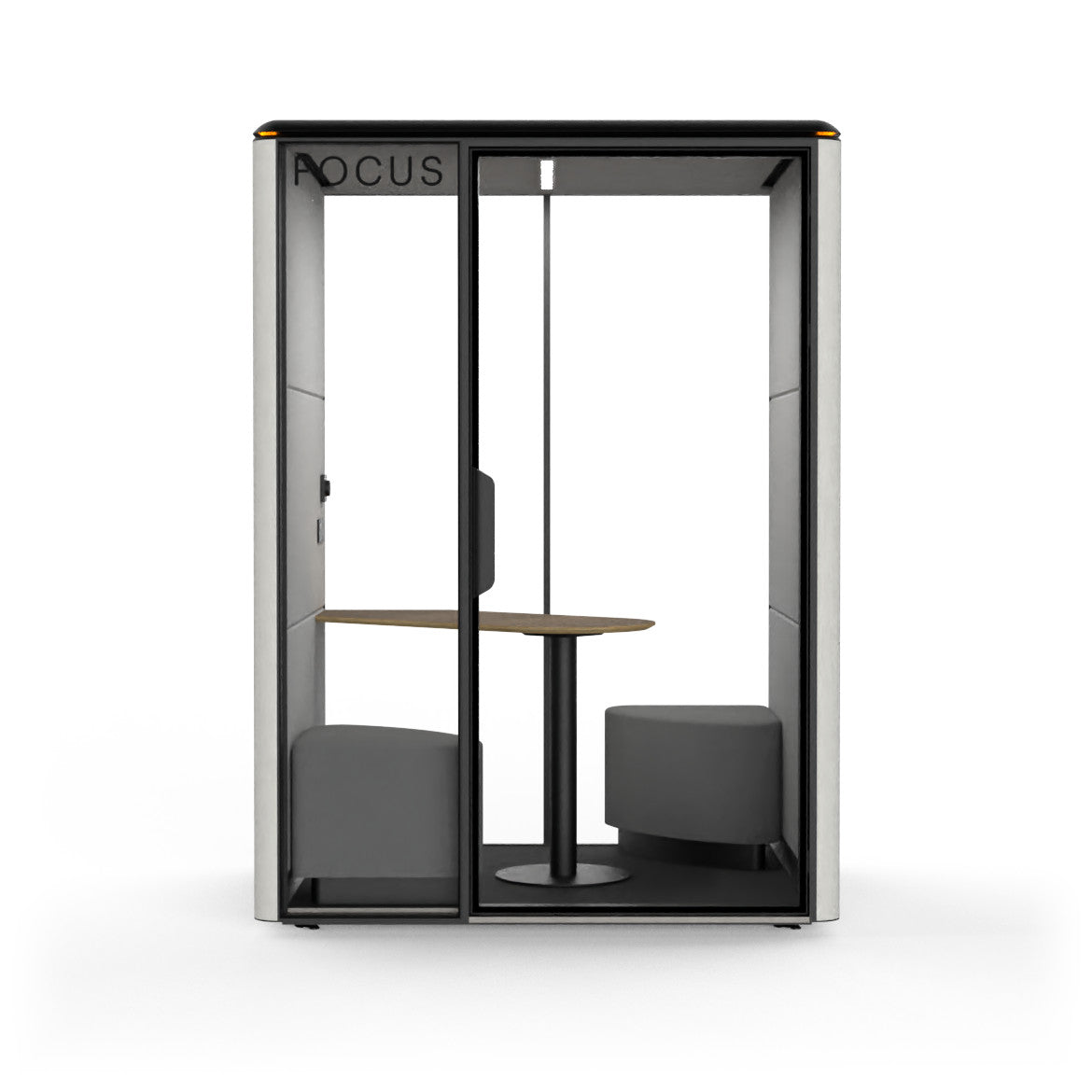 Focus Duo two-person meeting pod in Chalk with two corner benches and a face-to-face table, seen from the front