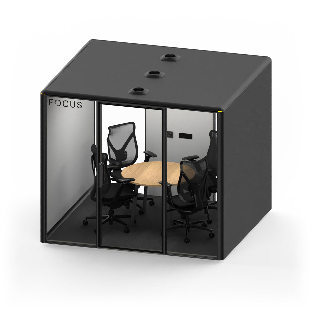 Focus Meet conference room pod in Carbon with four Onda task chairs and a round conference table, seen from above