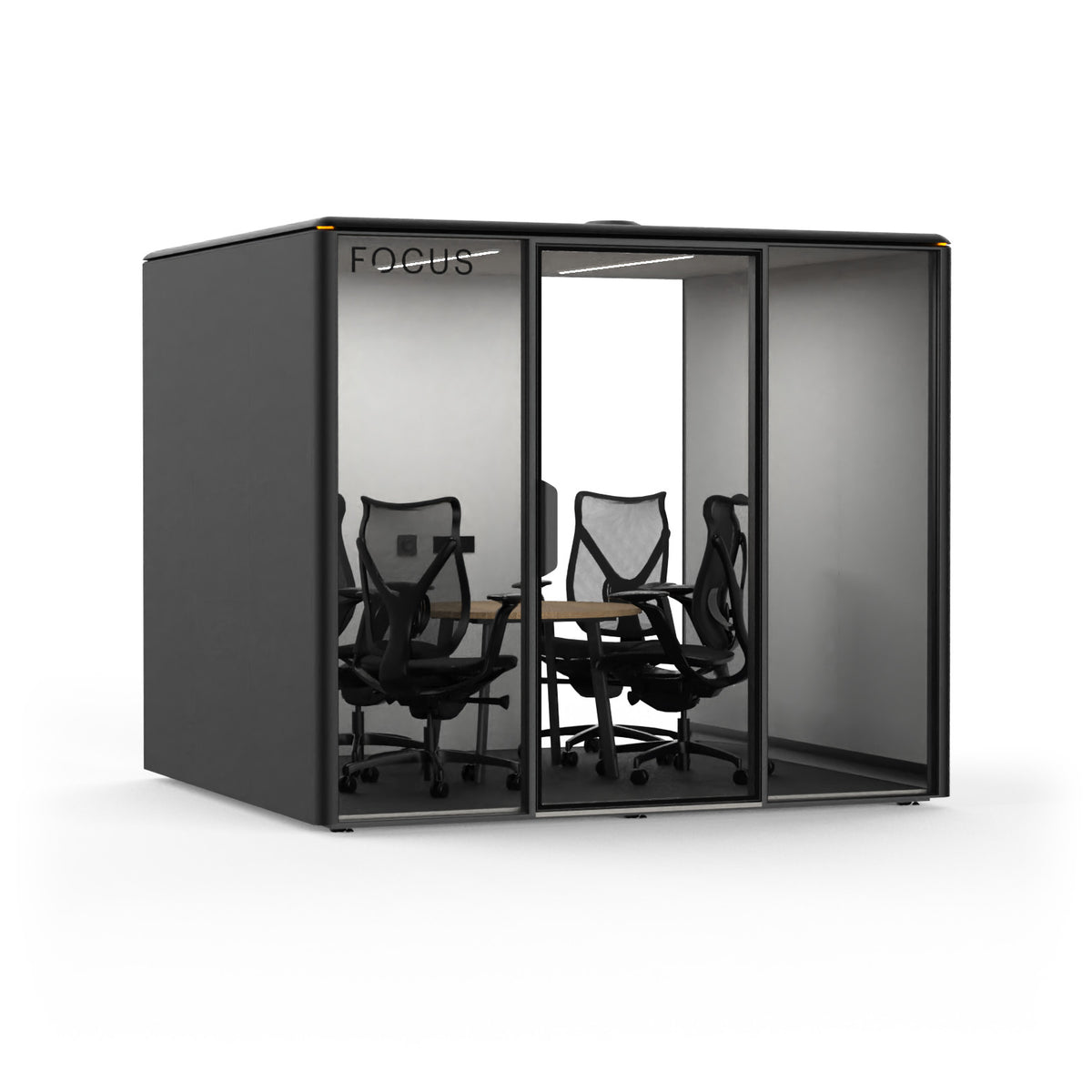 Focus Meet conference room pod in Carbon with four Onda task chairs and a round conference table, seen from the front left