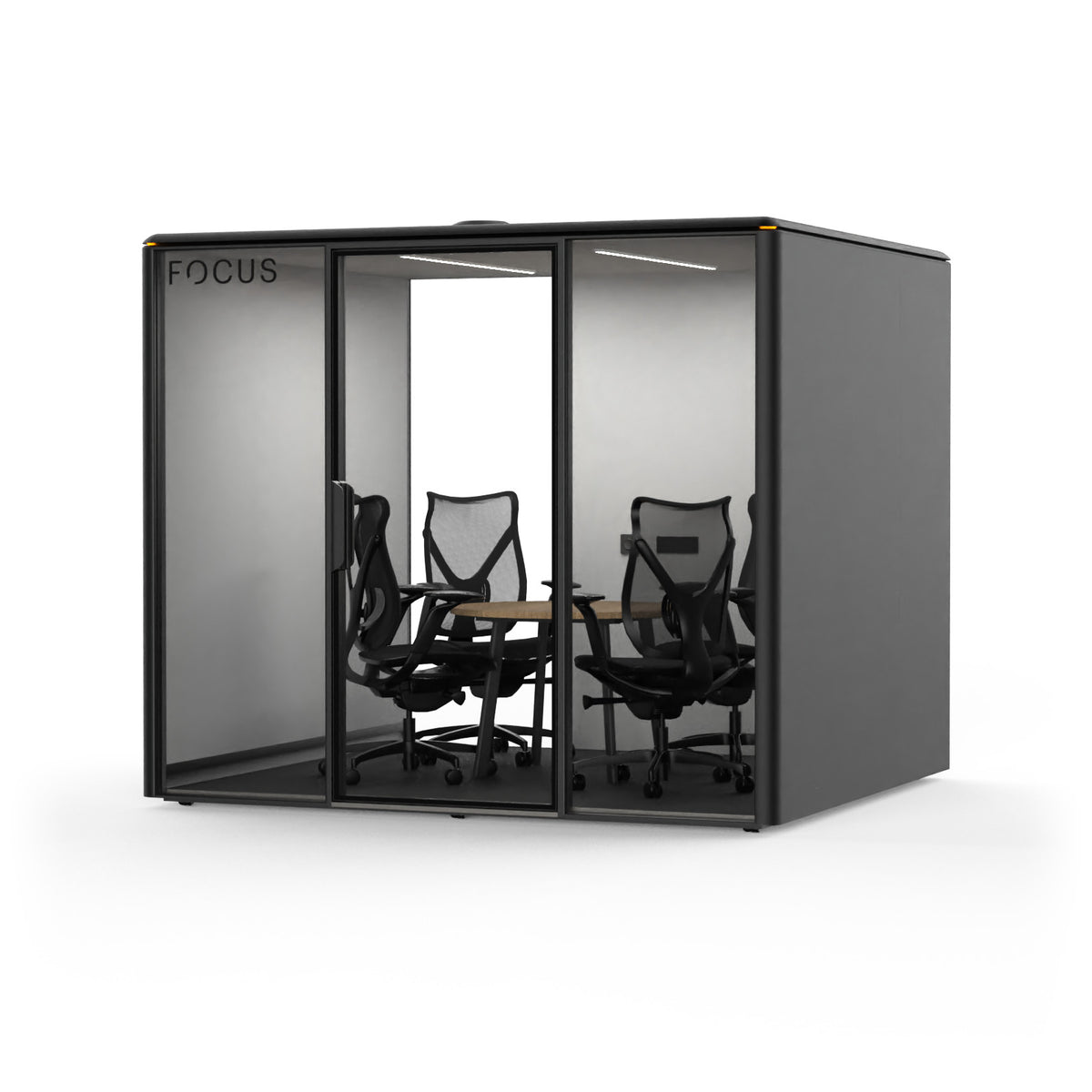 Focus Meet conference room pod in Carbon with four Onda task chairs and a round conference table, seen from the front right