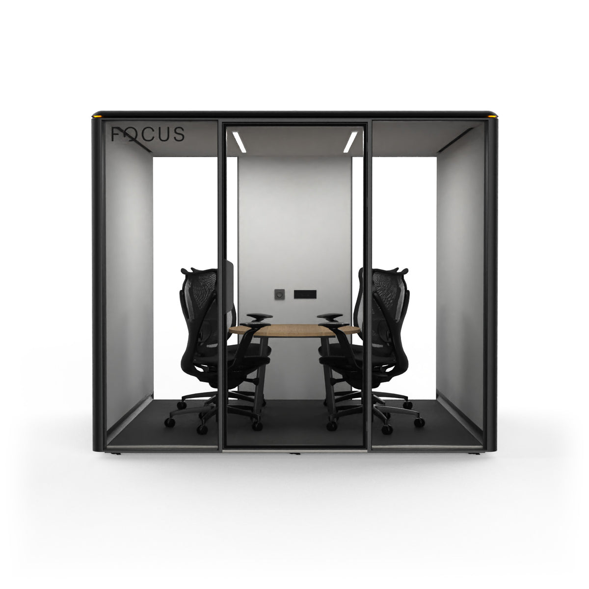 Focus Meet conference room pod in Carbon with four Onda task chairs and a round conference table, seen from the front