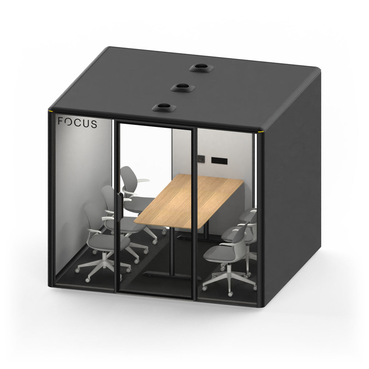 Focus Meet conference room pod in Carbon with six meeting chairs and a conference table, seen from above
