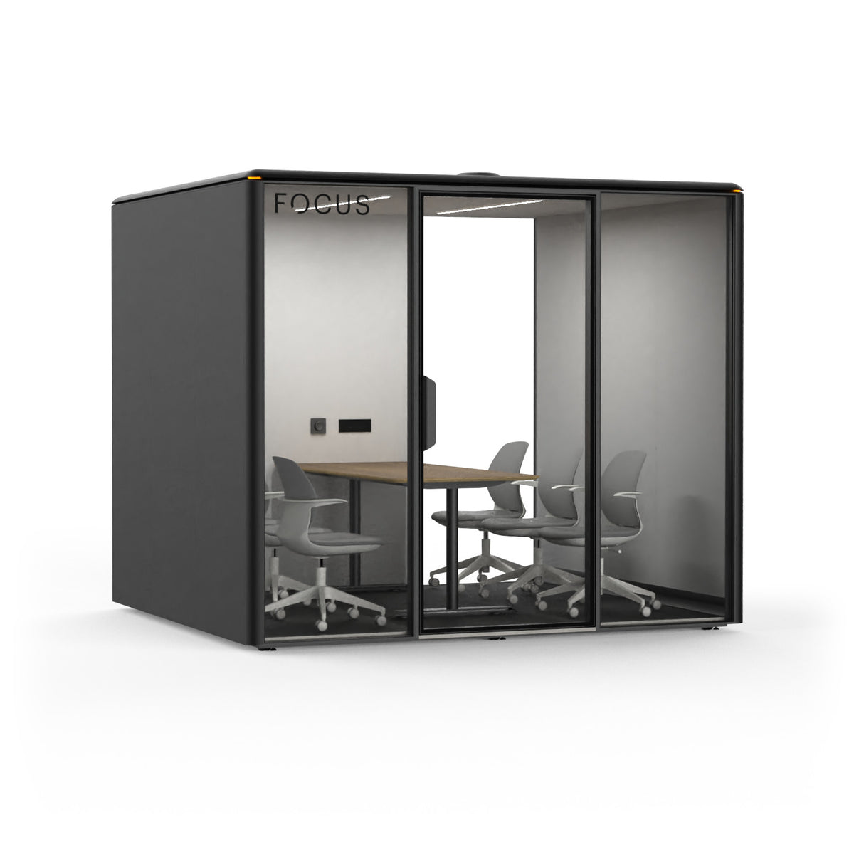 Focus Meet conference room pod in Carbon with six meeting chairs and a conference table, seen from the front left