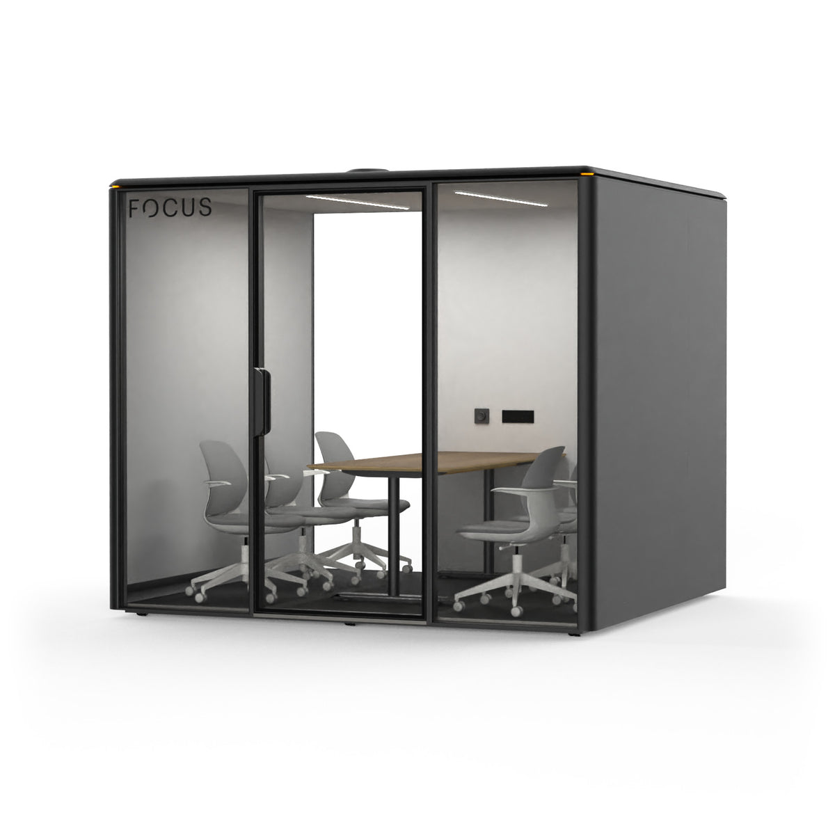 Focus Meet conference room pod in Carbon with six meeting chairs and a conference table, seen from the front right