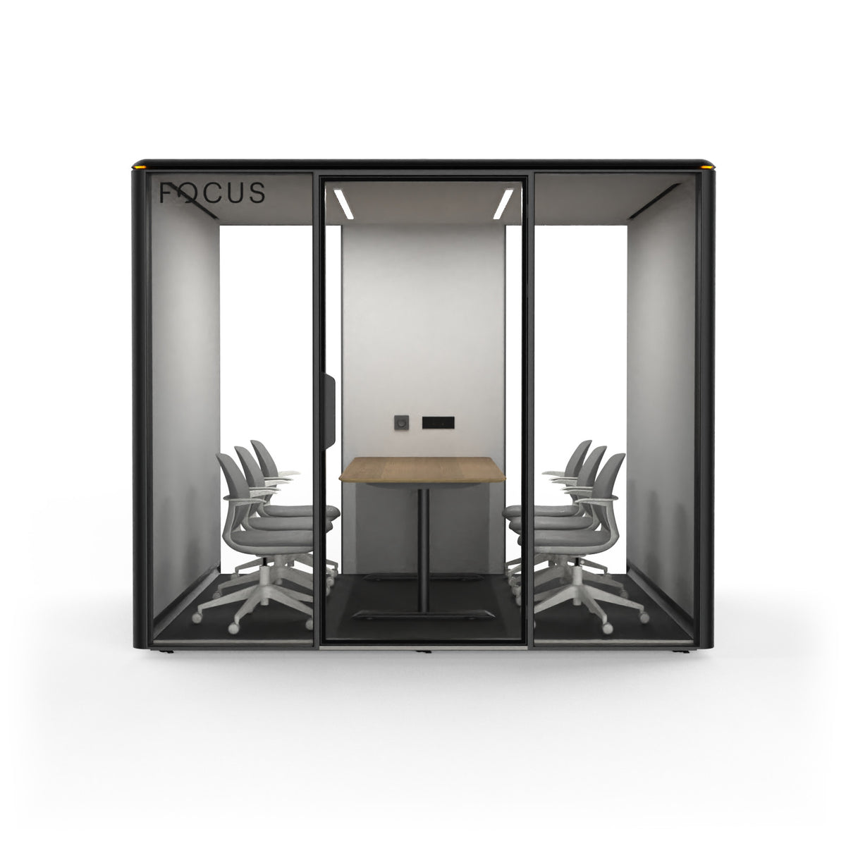Focus Meet conference room pod in Carbon with six meeting chairs and a conference table, seen from the front
