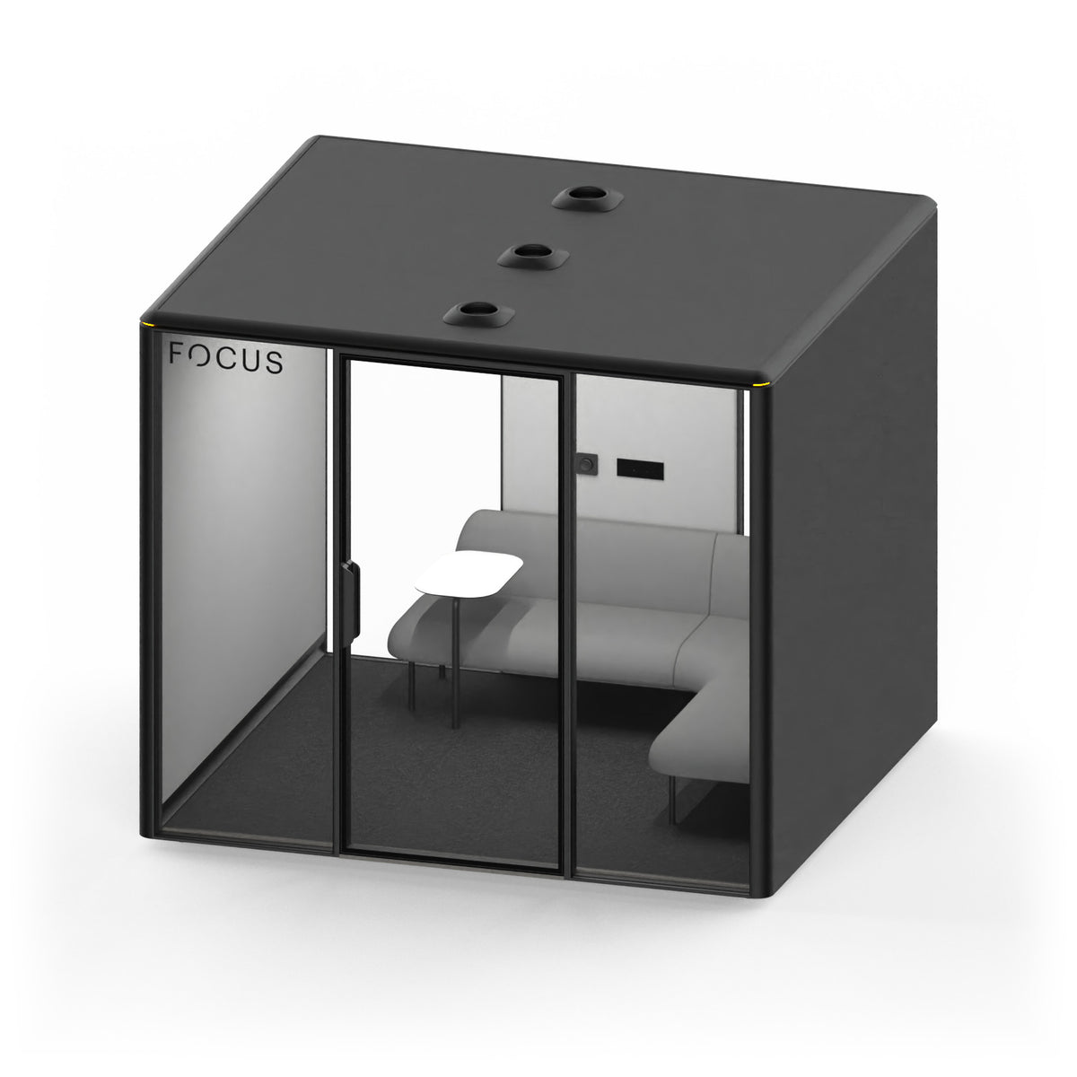 Focus Meet conference room pod in Carbon with an L-shaped couch and a side table, seen from above