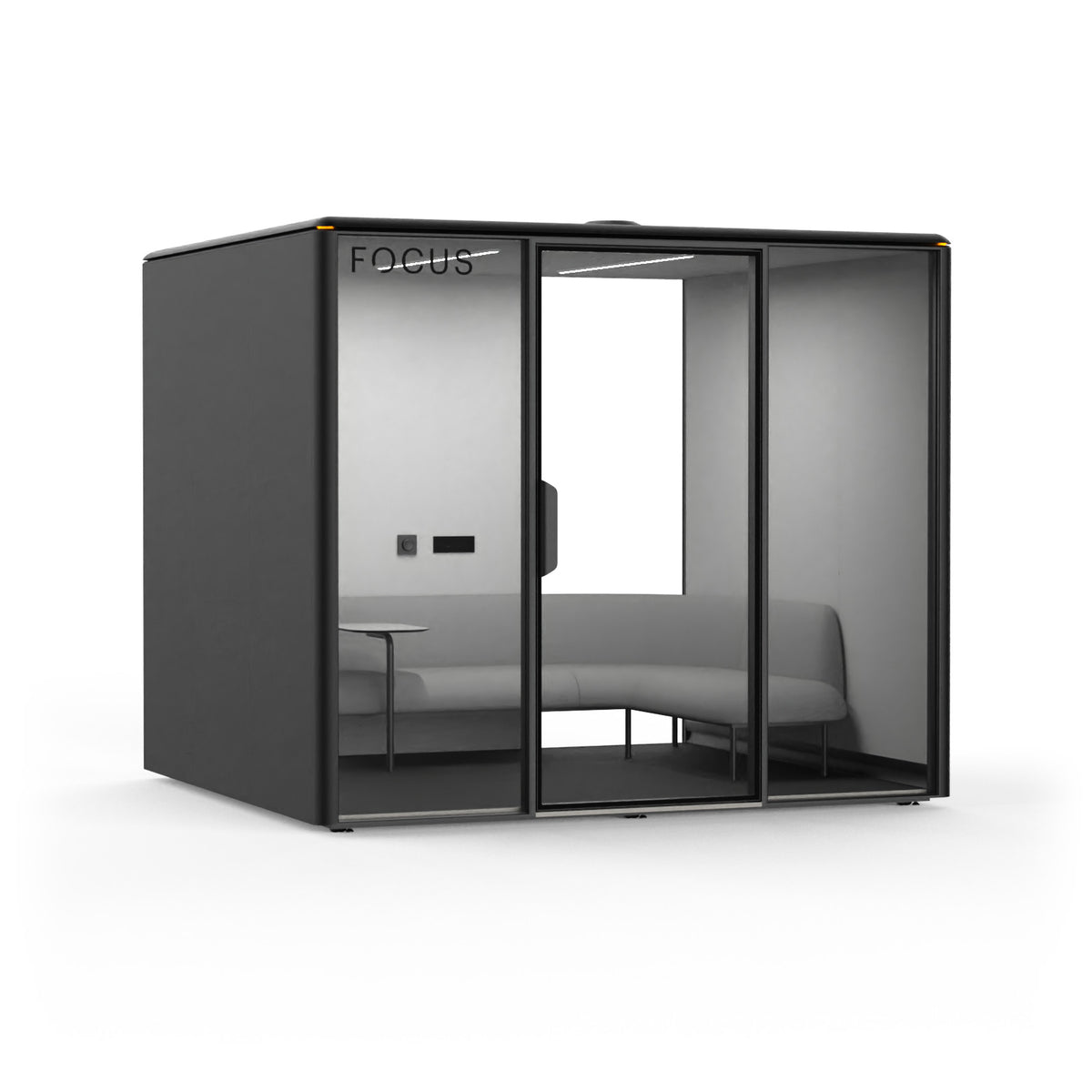 Focus Meet conference room pod in Carbon with an L-shaped couch and a side table, seen from the front left