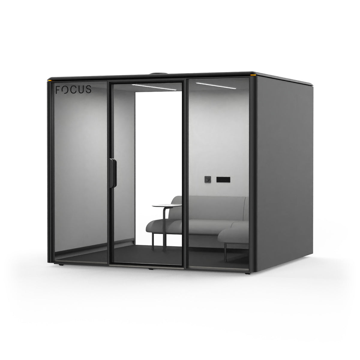 Focus Meet conference room pod in Carbon with an L-shaped couch and a side table, seen from the front right