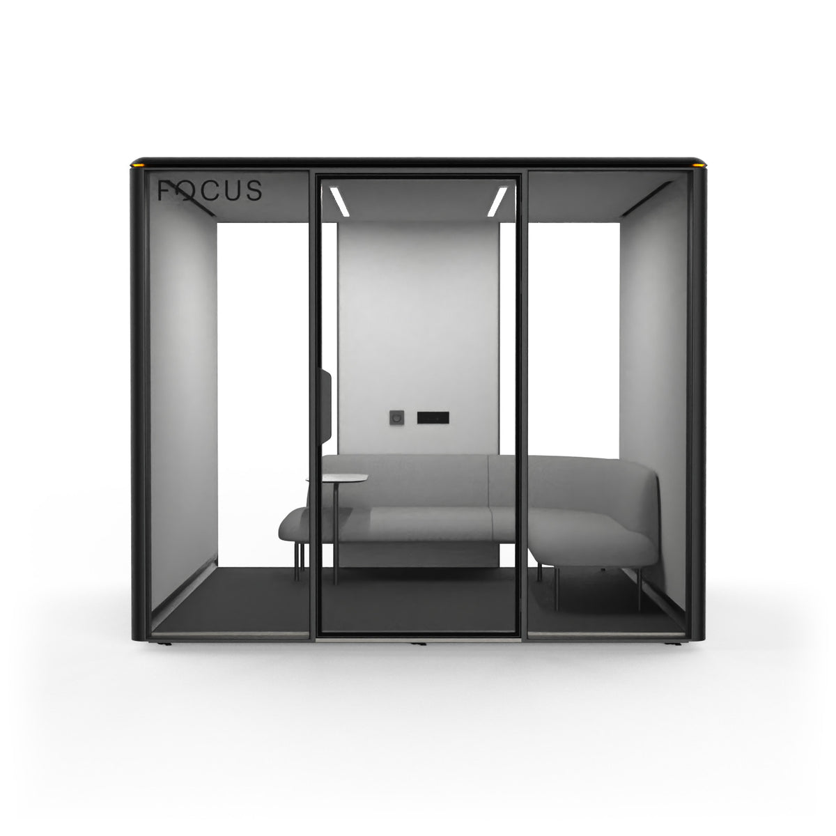 Focus Meet conference room pod in Carbon with an L-shaped couch and a side table, seen from the front