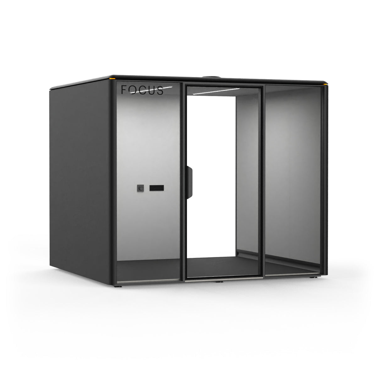 Focus Meet conference room pod in Carbon with no furniture, seen from the front left