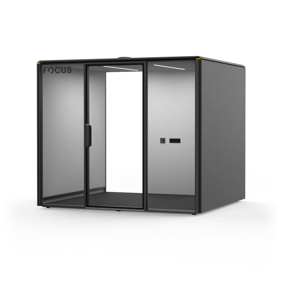 Focus Meet conference room pod in Carbon with no furniture, seen from the front right