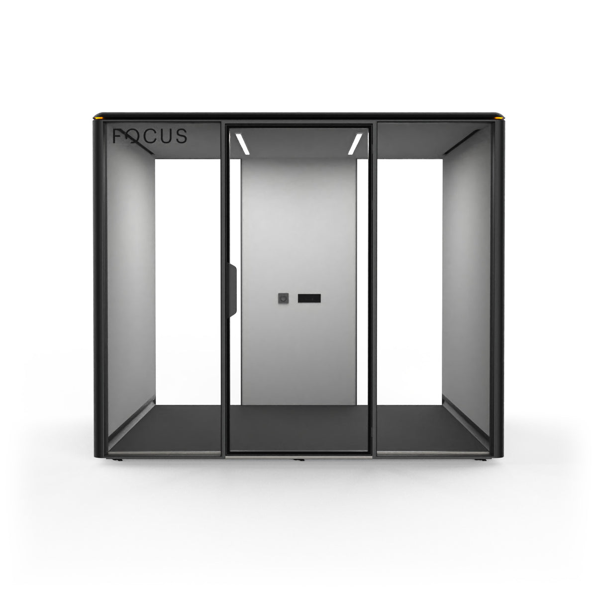 Focus Meet conference room pod in Carbon with no furniture, seen from the front