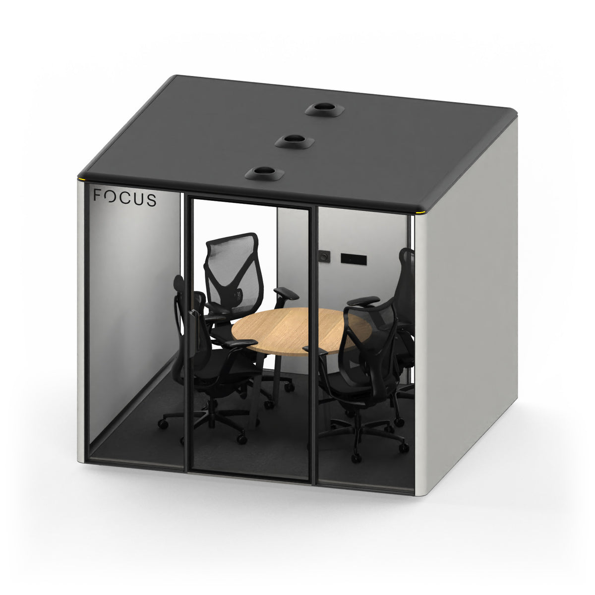 Focus Meet conference room pod in Chalk with four Onda task chairs and a round conference table, seen from above