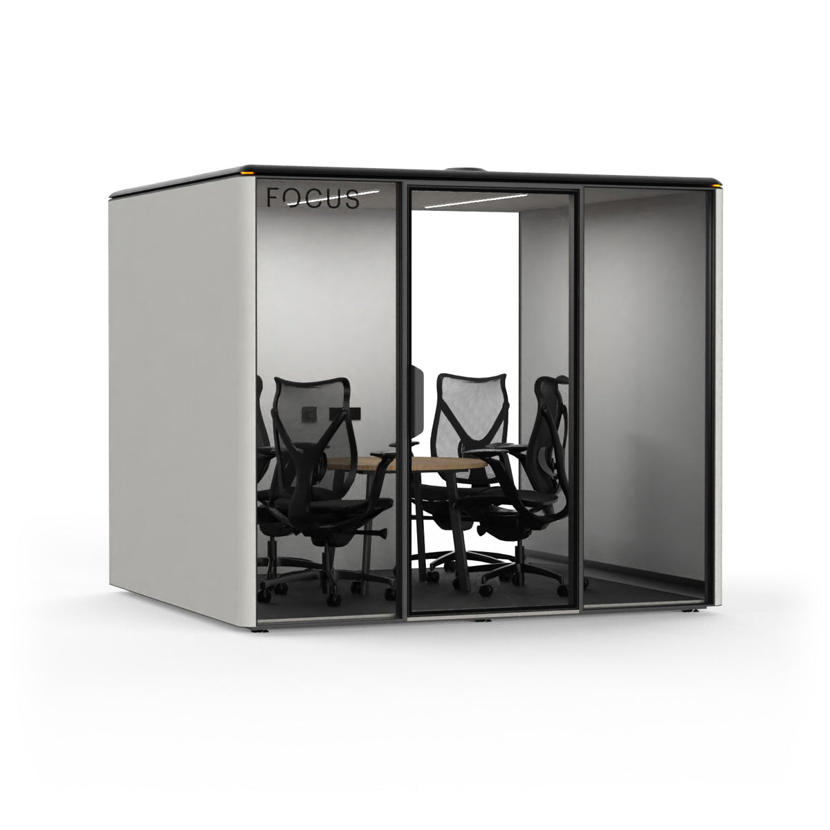 Focus Meet conference room pod in Chalk with four Onda task chairs and a round conference table, seen from the front left
