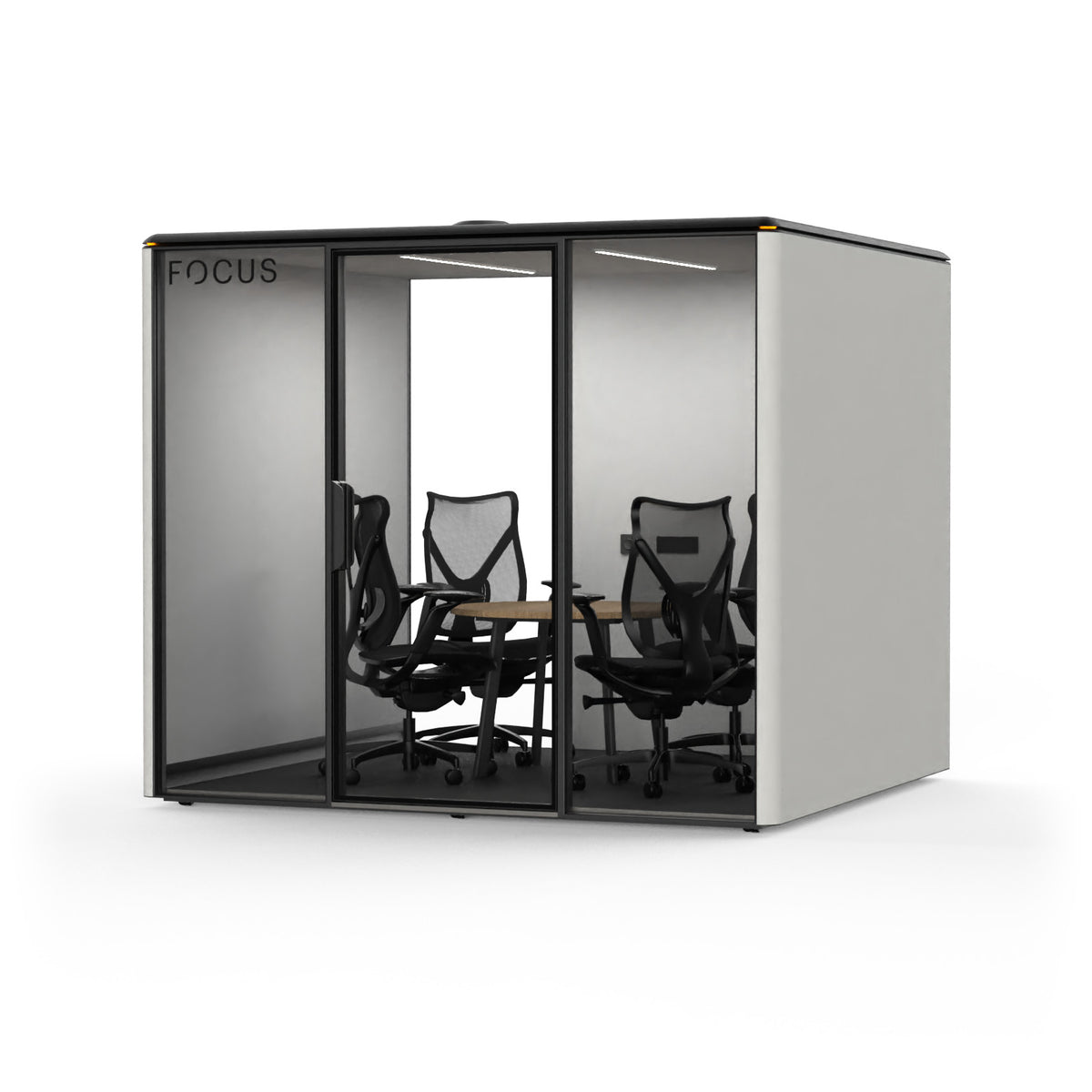 Focus Meet conference room pod in Chalk with four Onda task chairs and a round conference table, seen from the front right