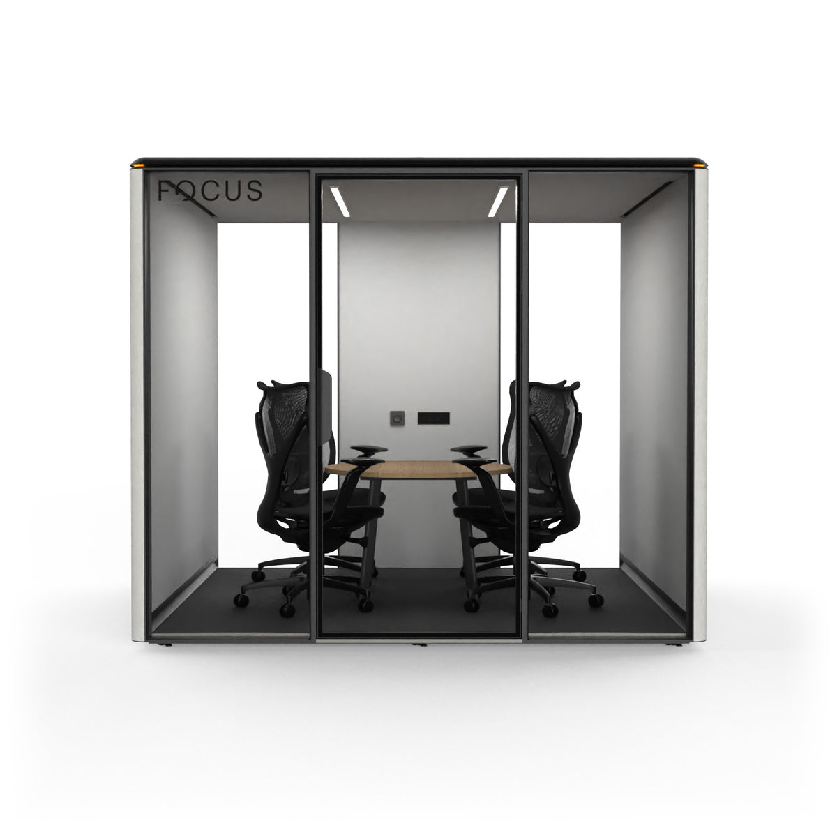 Focus Meet conference room pod in Chalk with four Onda task chairs and a round conference table, seen from the front