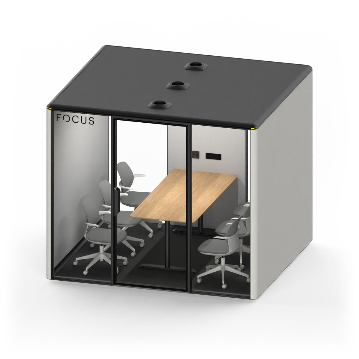 Focus Meet conference room pod in Chalk with six meeting chairs and a conference table, seen from above