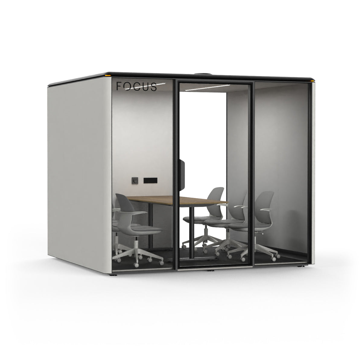 Focus Meet conference room pod in Chalk with six meeting chairs and a conference table, seen from the front left