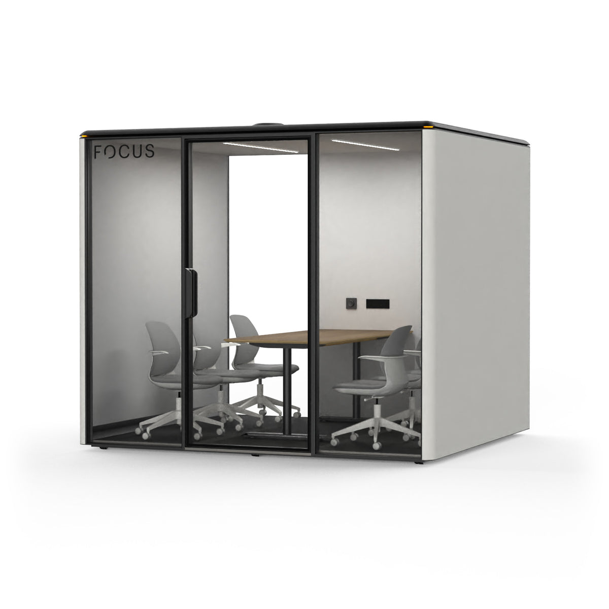 Focus Meet conference room pod in Chalk with six meeting chairs and a conference table, seen from the front right