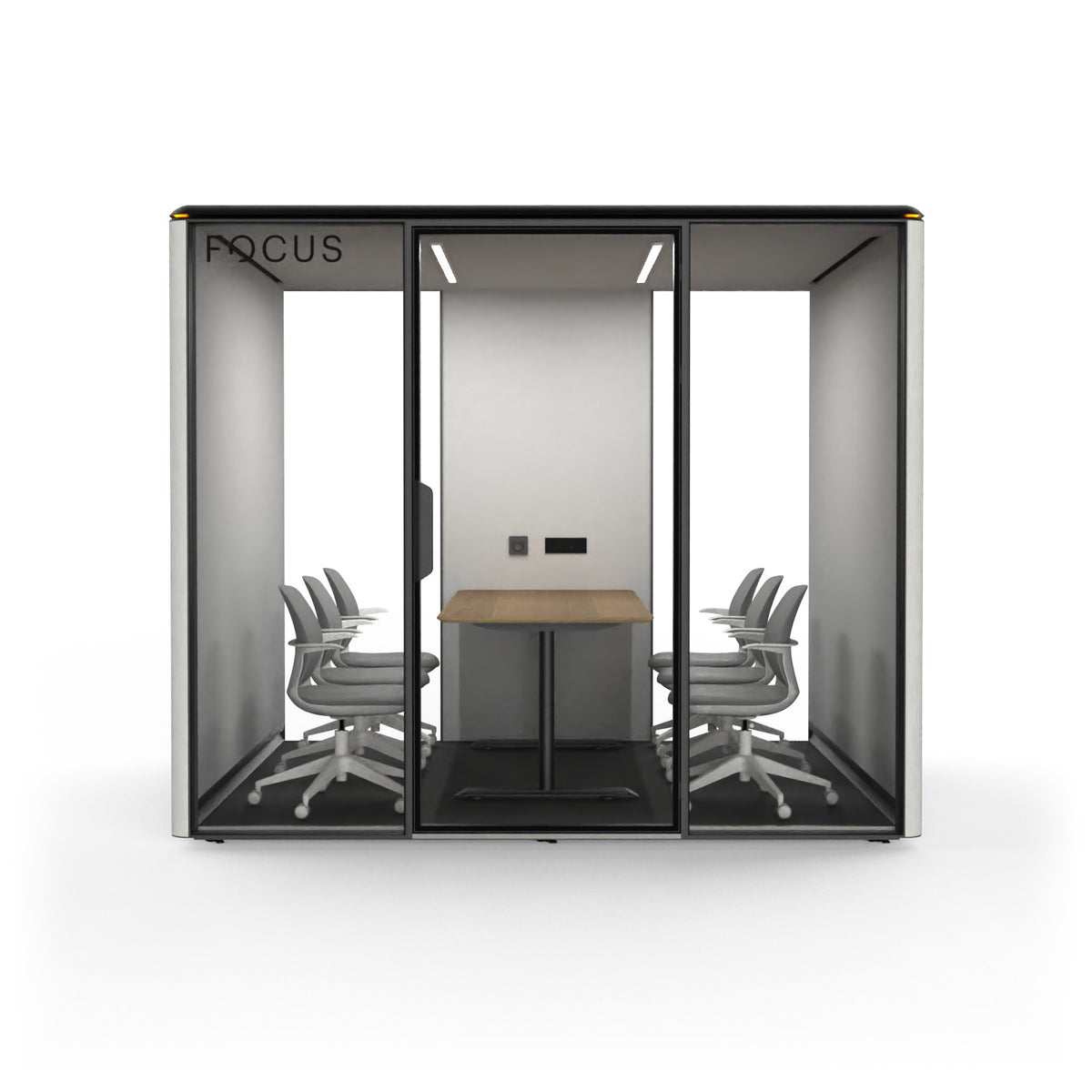 Focus Meet conference room pod in Chalk with six meeting chairs and a conference table, seen from the front