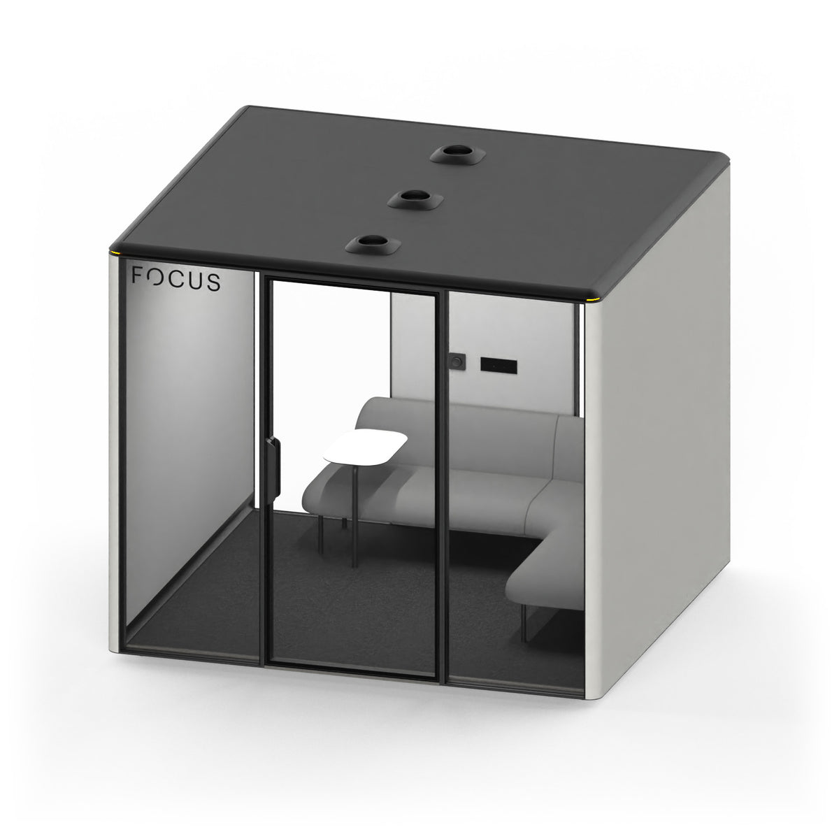 Focus Meet conference room pod in Chalk with an L-shaped couch and a side table, seen from above