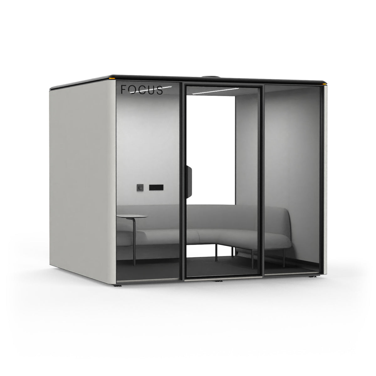 Focus Meet conference room pod in Chalk with an L-shaped couch and a side table, seen from the front left