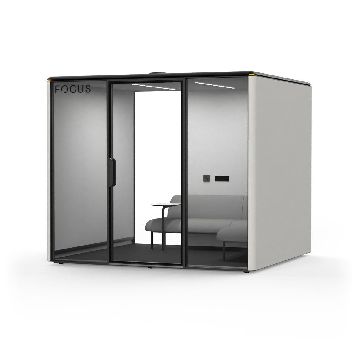 Focus Meet conference room pod in Chalk with an L-shaped couch and a side table, seen from the front right