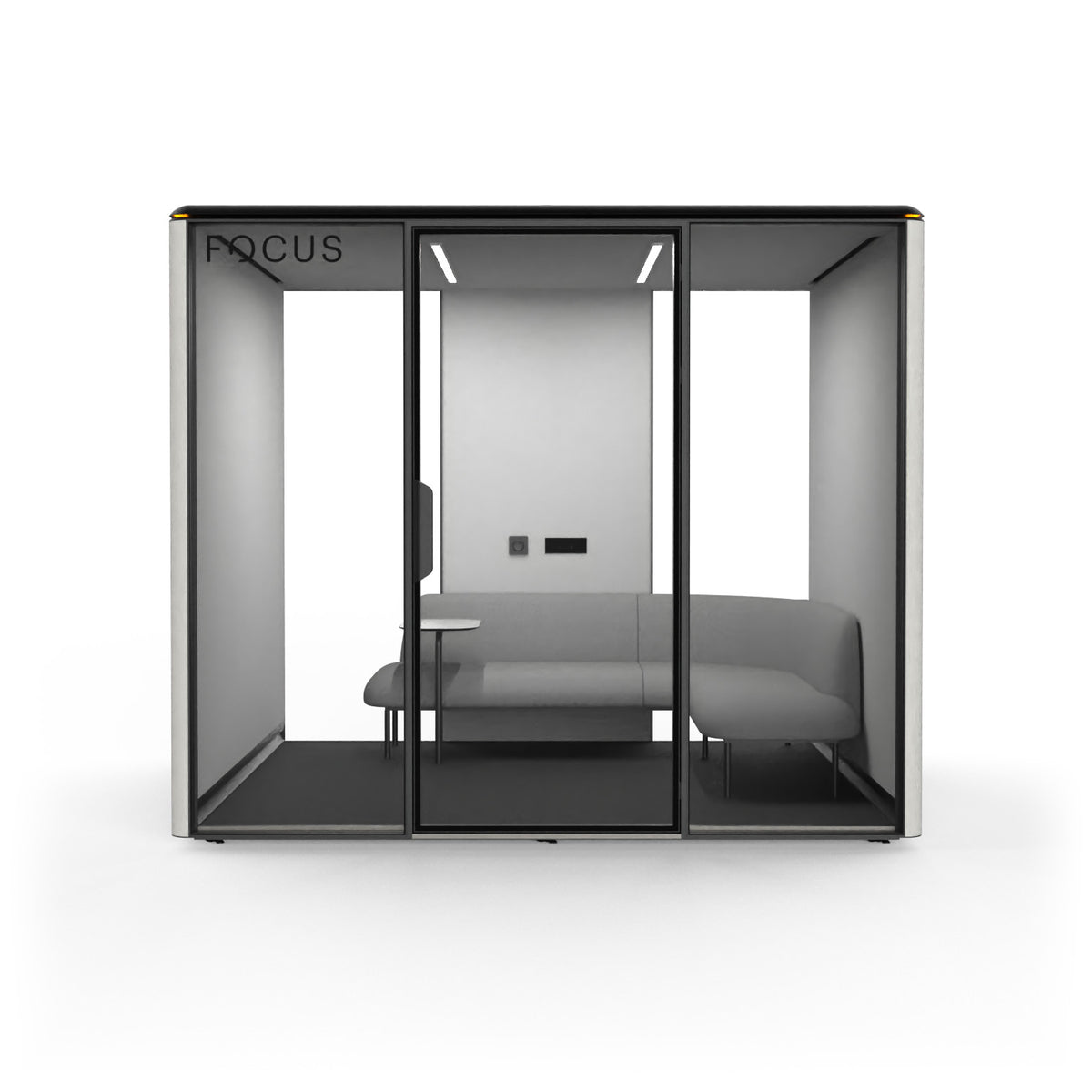 Focus Meet conference room pod in Chalk with an L-shaped couch and a side table, seen from the front