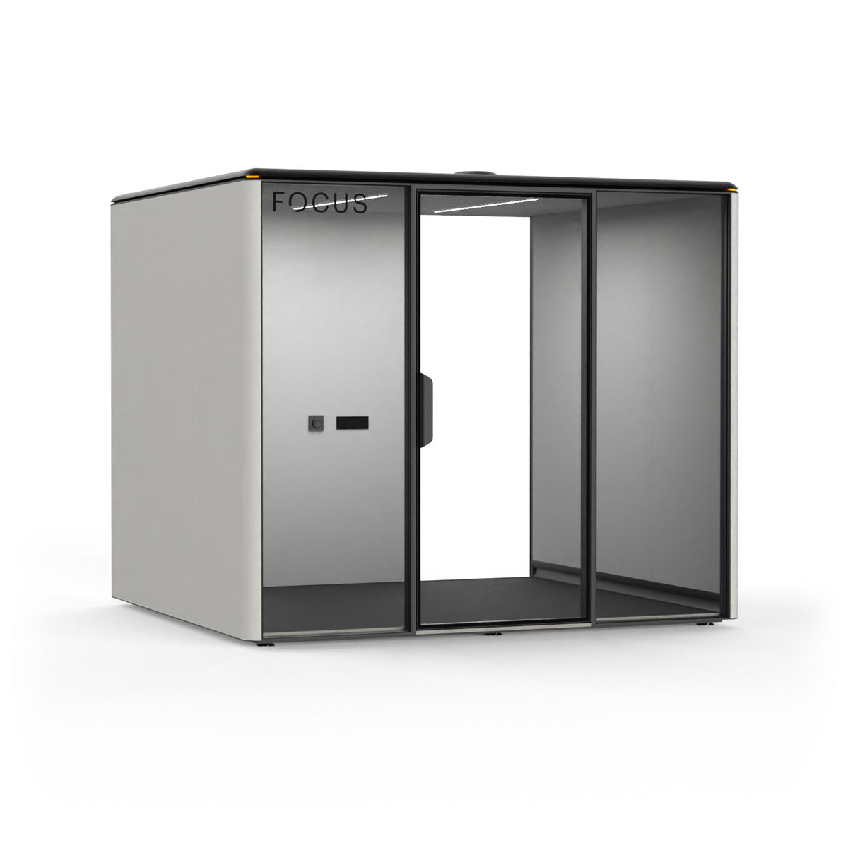 Focus Meet conference room pod in Chalk with no furniture, seen from the front left