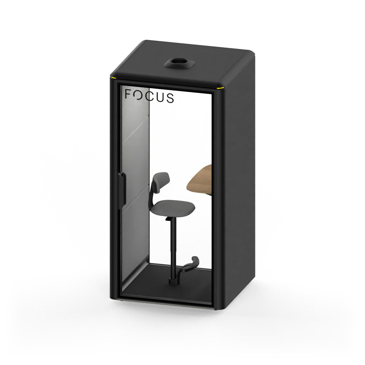 Focus Solo office phone booth in Carbon with its mounted stool and accent table, seen from above