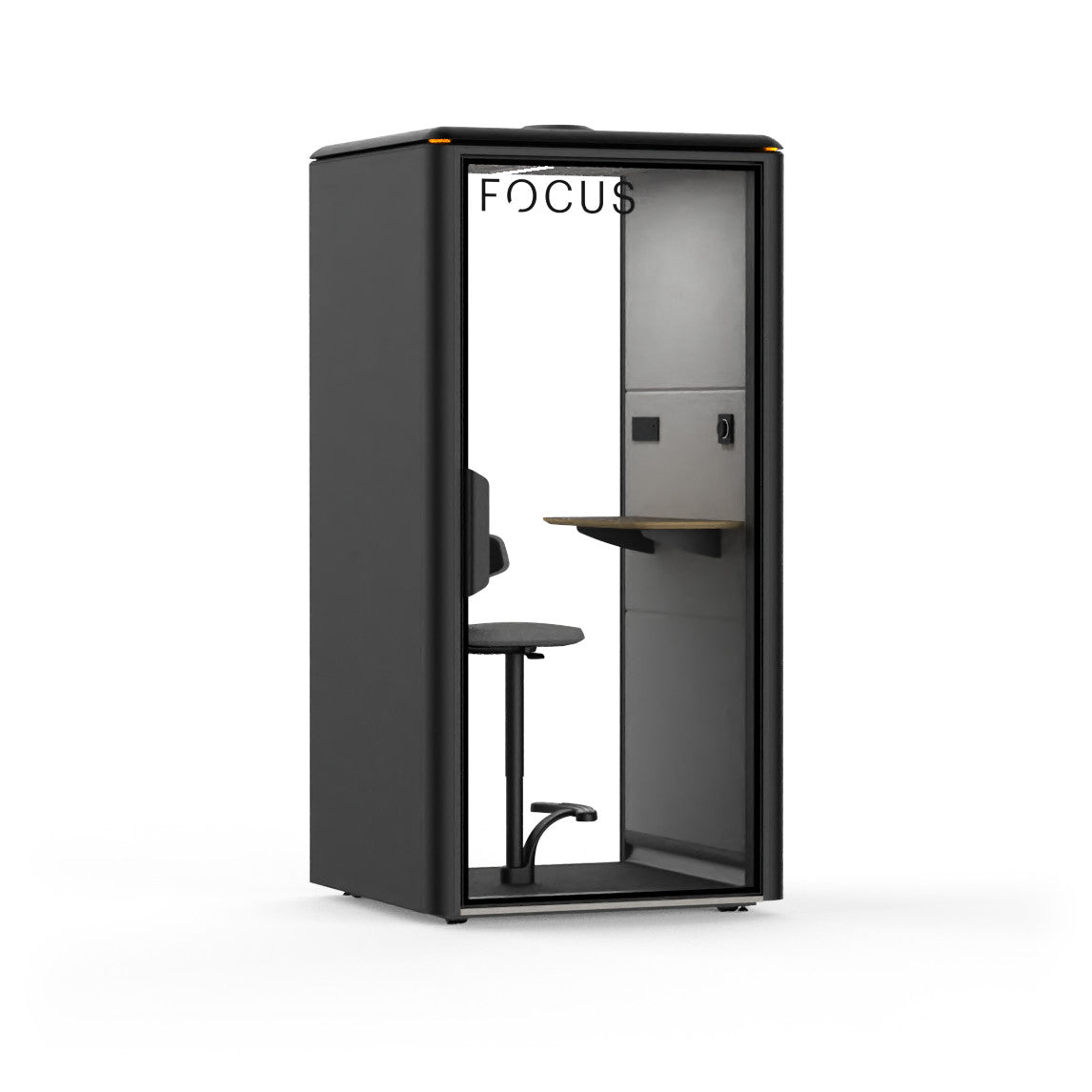 Focus Solo office phone booth in Carbon with its mounted stool and accent table, seen from the front left