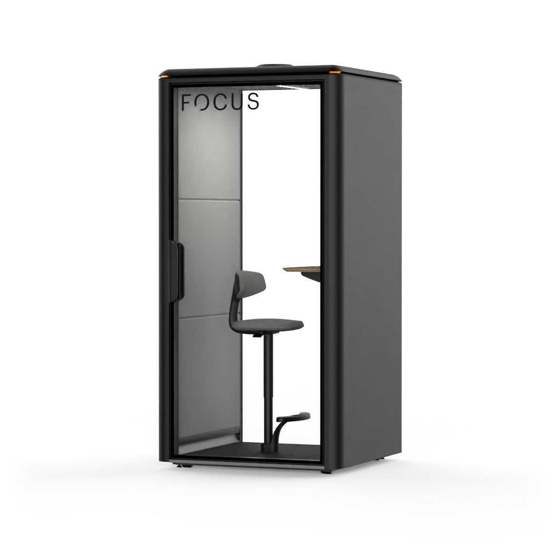 Focus Solo office phone booth in Carbon with its mounted stool and accent table, seen from the front right