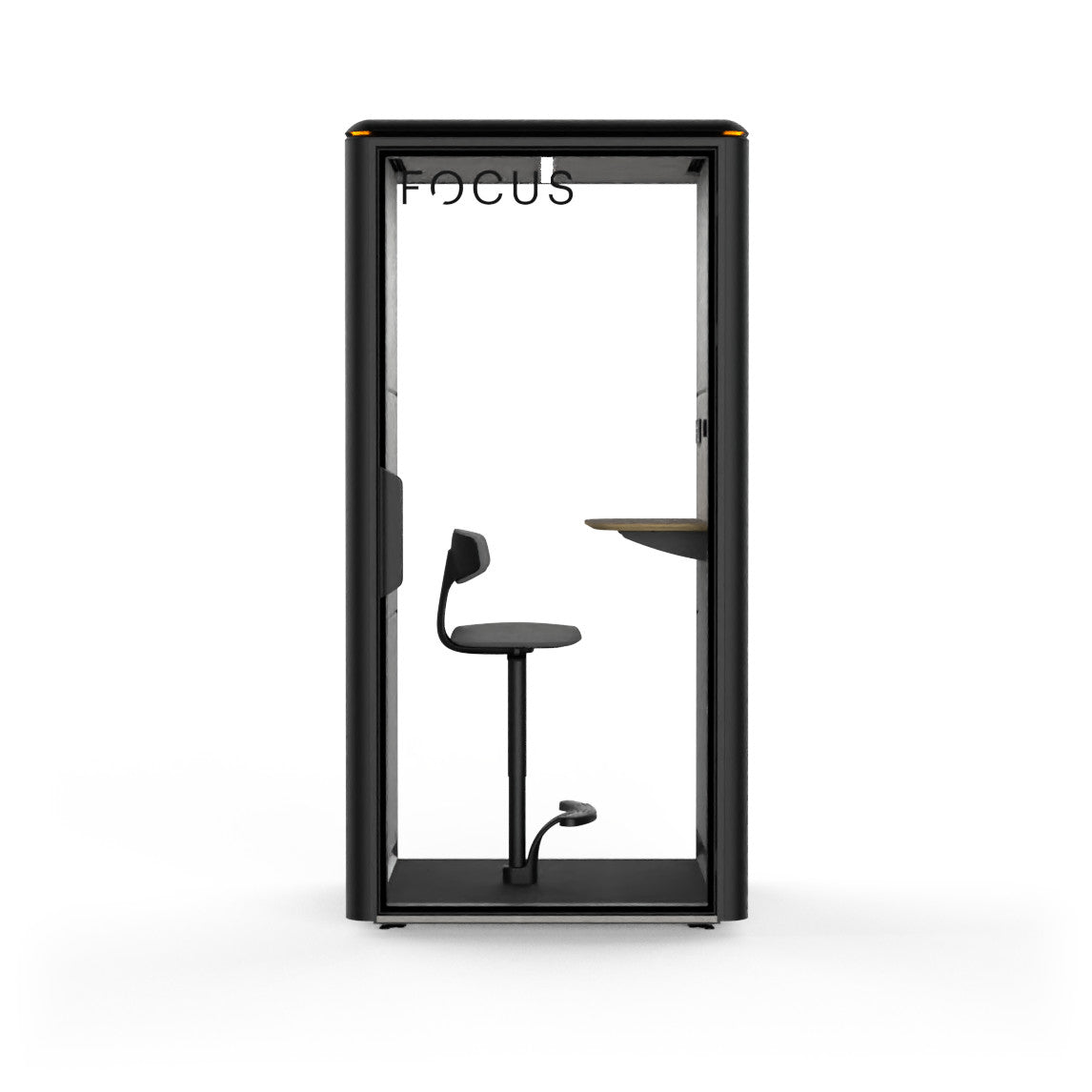 Focus Solo office phone booth in Carbon with its mounted stool and accent table, seen from the front
