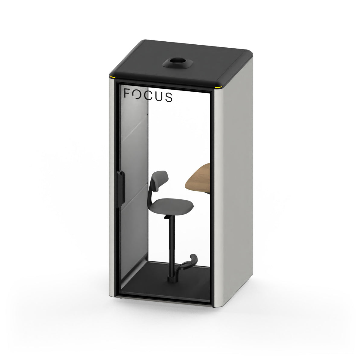 Focus Solo office phone booth in Chalk with its mounted stool and accent table, seen from above