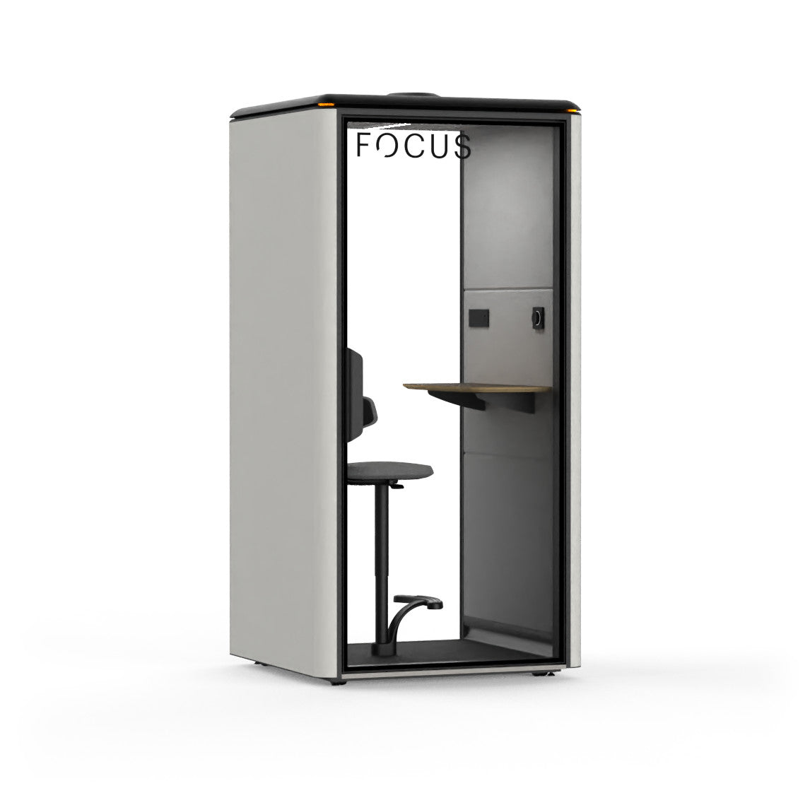 Focus Solo office phone booth in Chalk with its mounted stool and accent table, seen from the front left