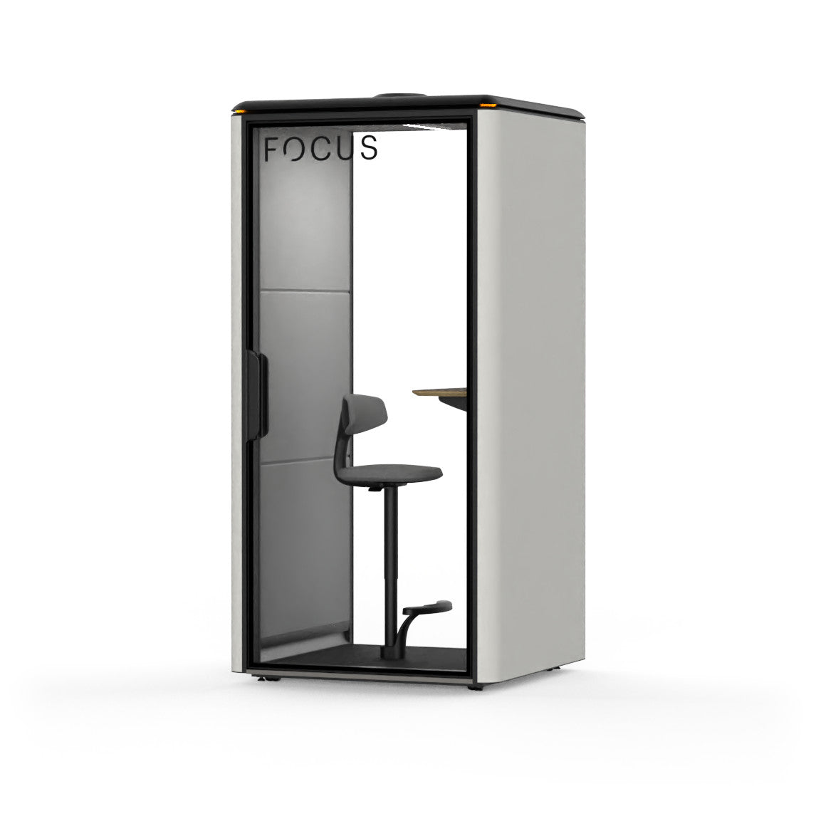 Focus Solo office phone booth in Chalk with its mounted stool and accent table, seen from the front right