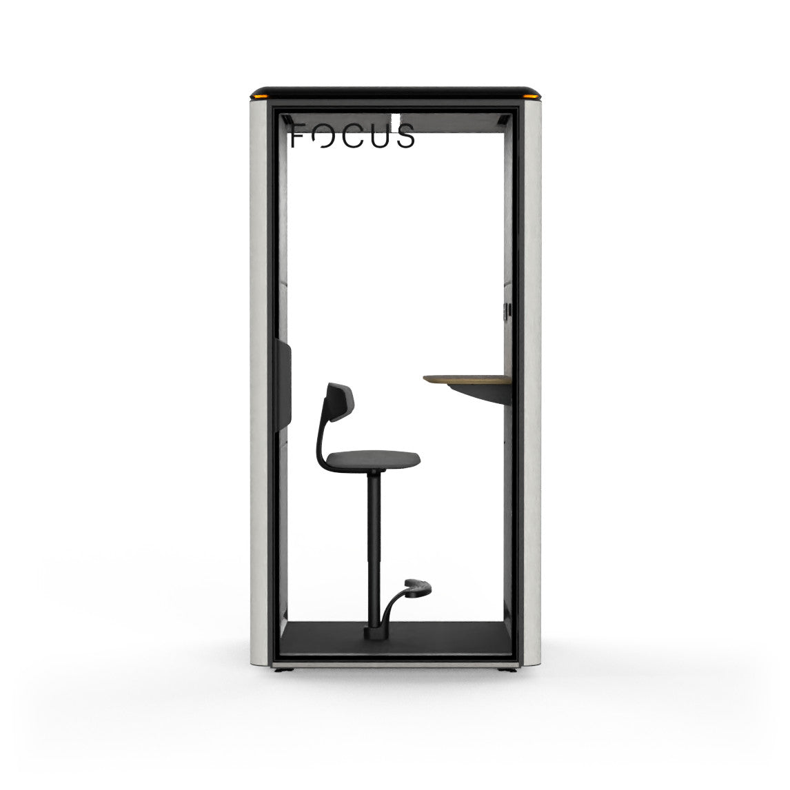 Focus Solo office phone booth in Chalk with its mounted stool and accent table, seen from the front