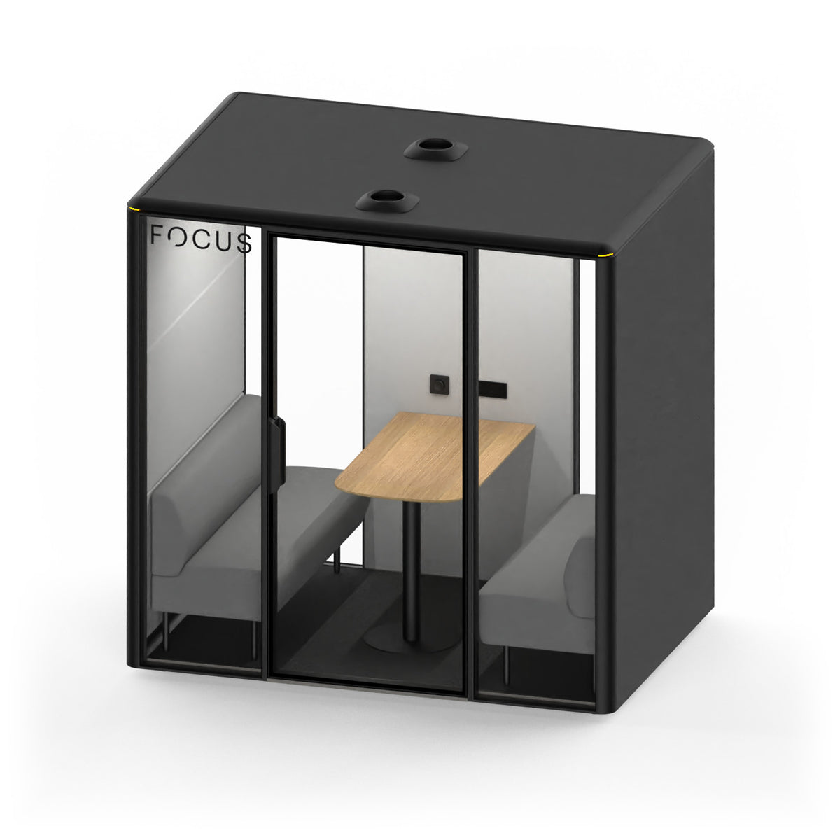 Focus Studio meeting pod in Carbon with two benches and a wall-mounted meeting table, seen from above