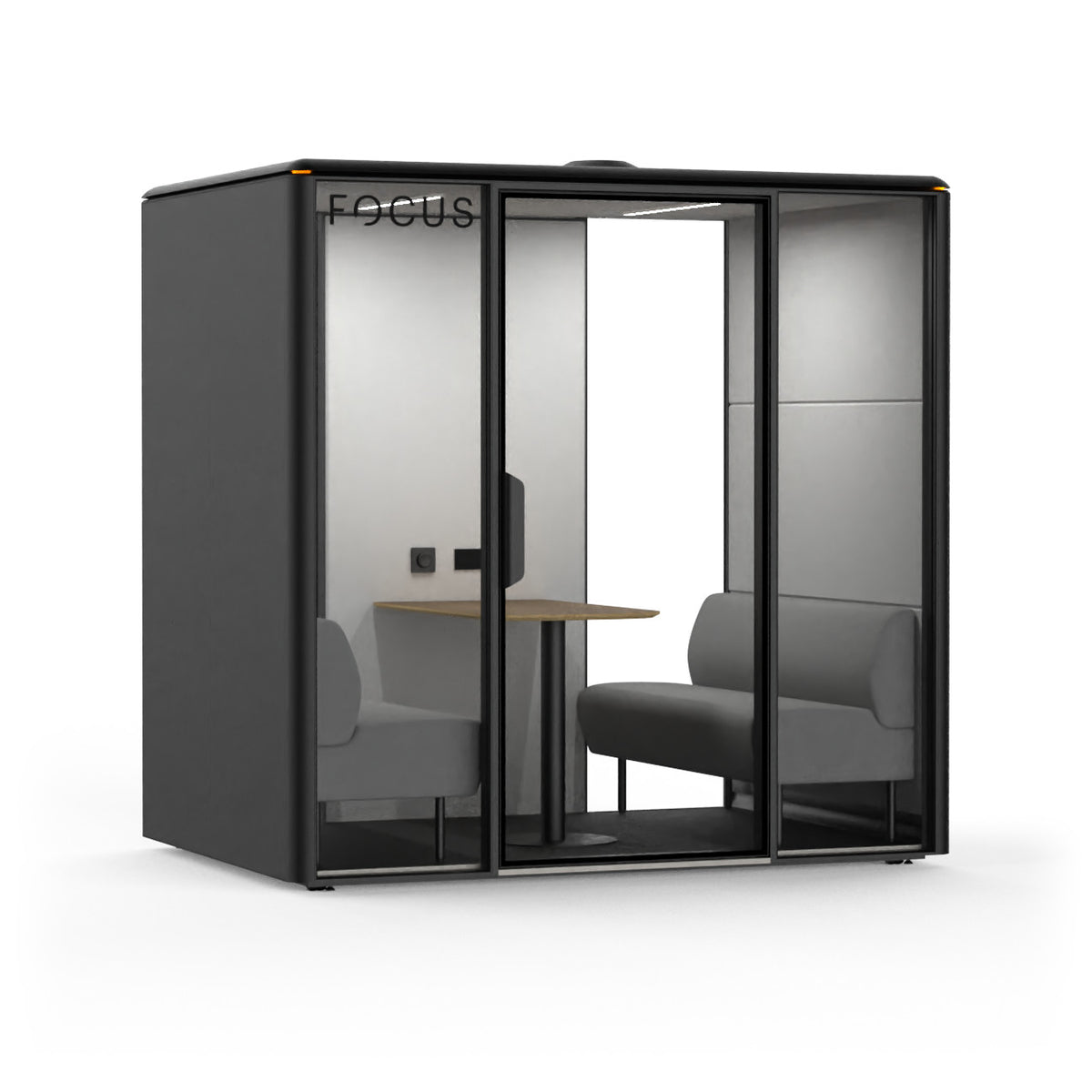 Focus Studio meeting pod in Carbon with two benches and a wall-mounted meeting table, seen from the front left
