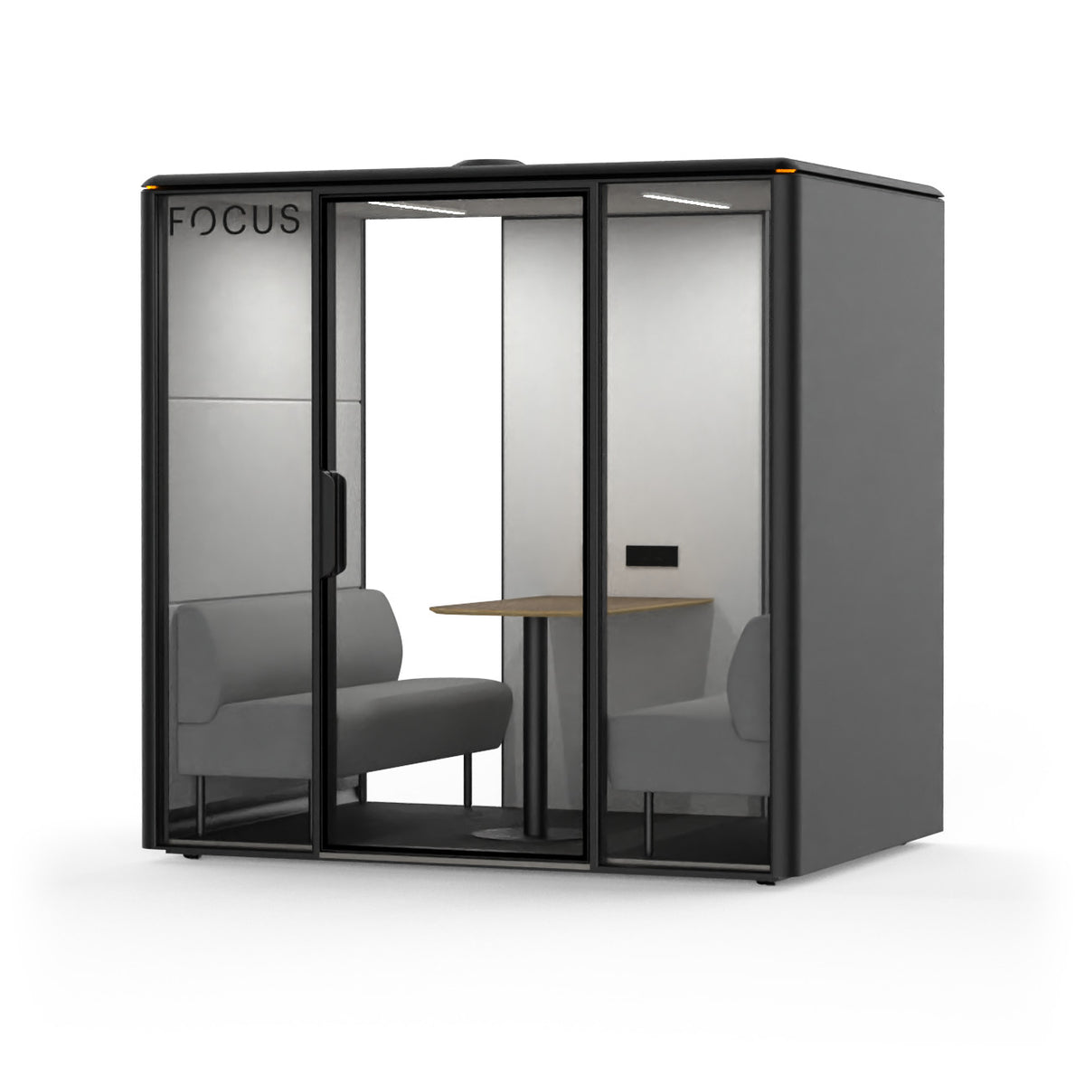 Focus Studio meeting pod in Carbon with two benches and a wall-mounted meeting table, seen from the front right