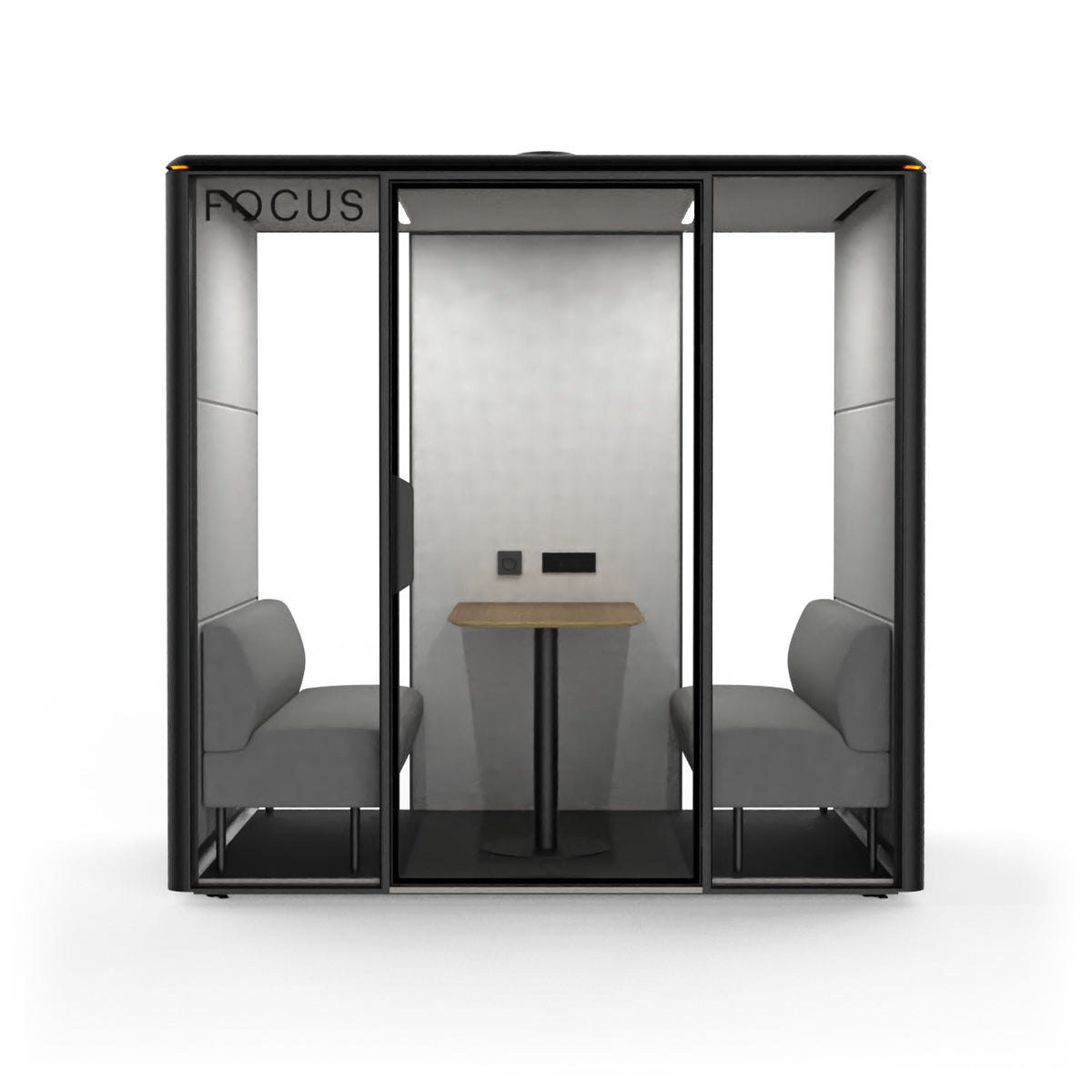 Focus Studio meeting pod in Carbon with two benches and a wall-mounted meeting table, seen from the front