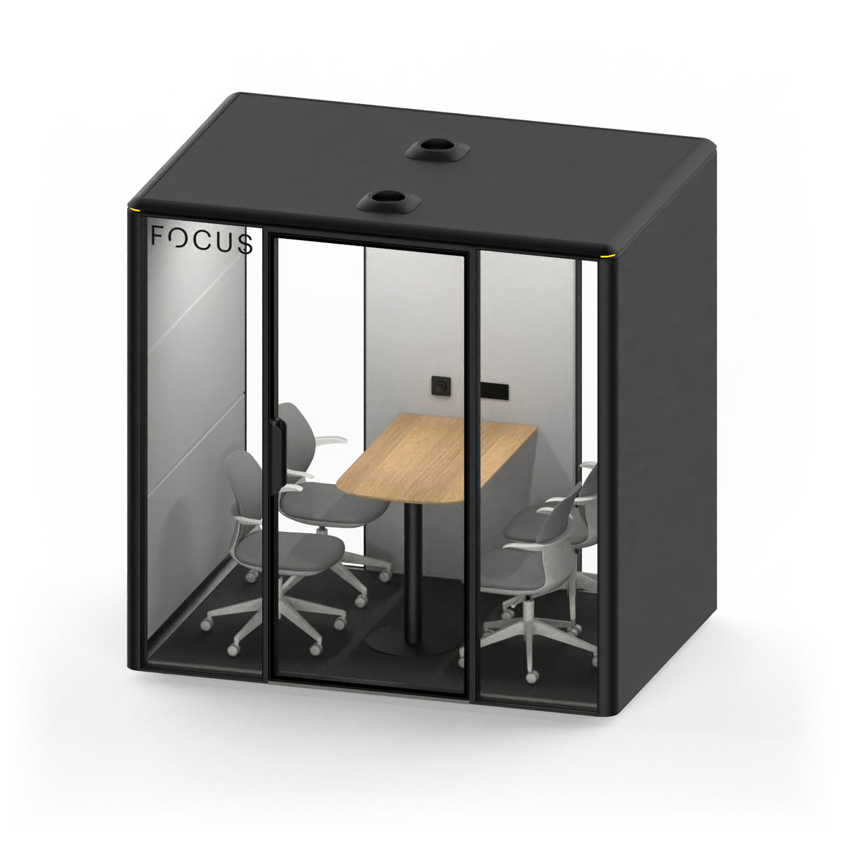 Focus Studio meeting pod in Carbon with four meeting chairs and a wall-mounted meeting table, seen from above