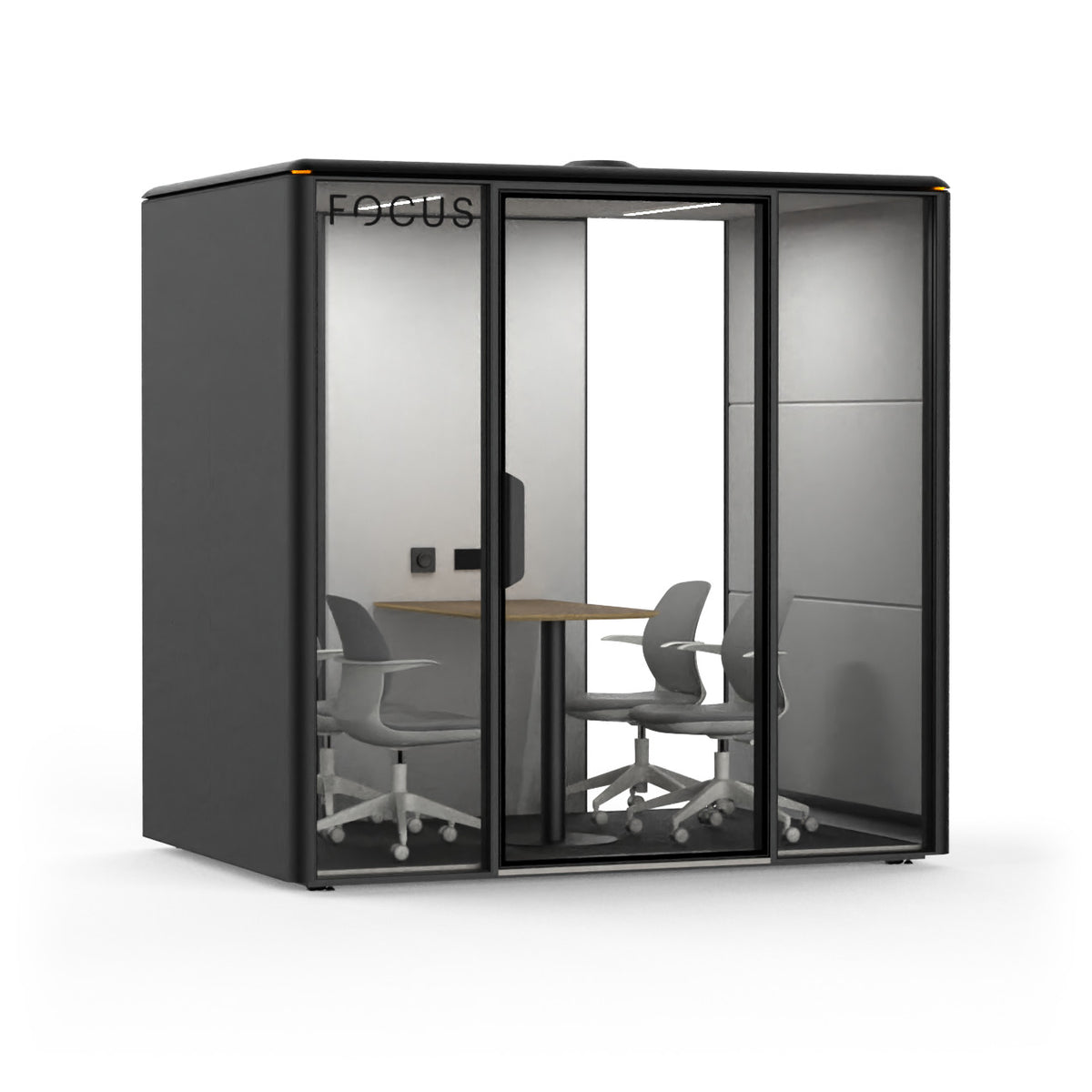 Focus Studio meeting pod in Carbon with four meeting chairs and a wall-mounted meeting table, seen from the front left