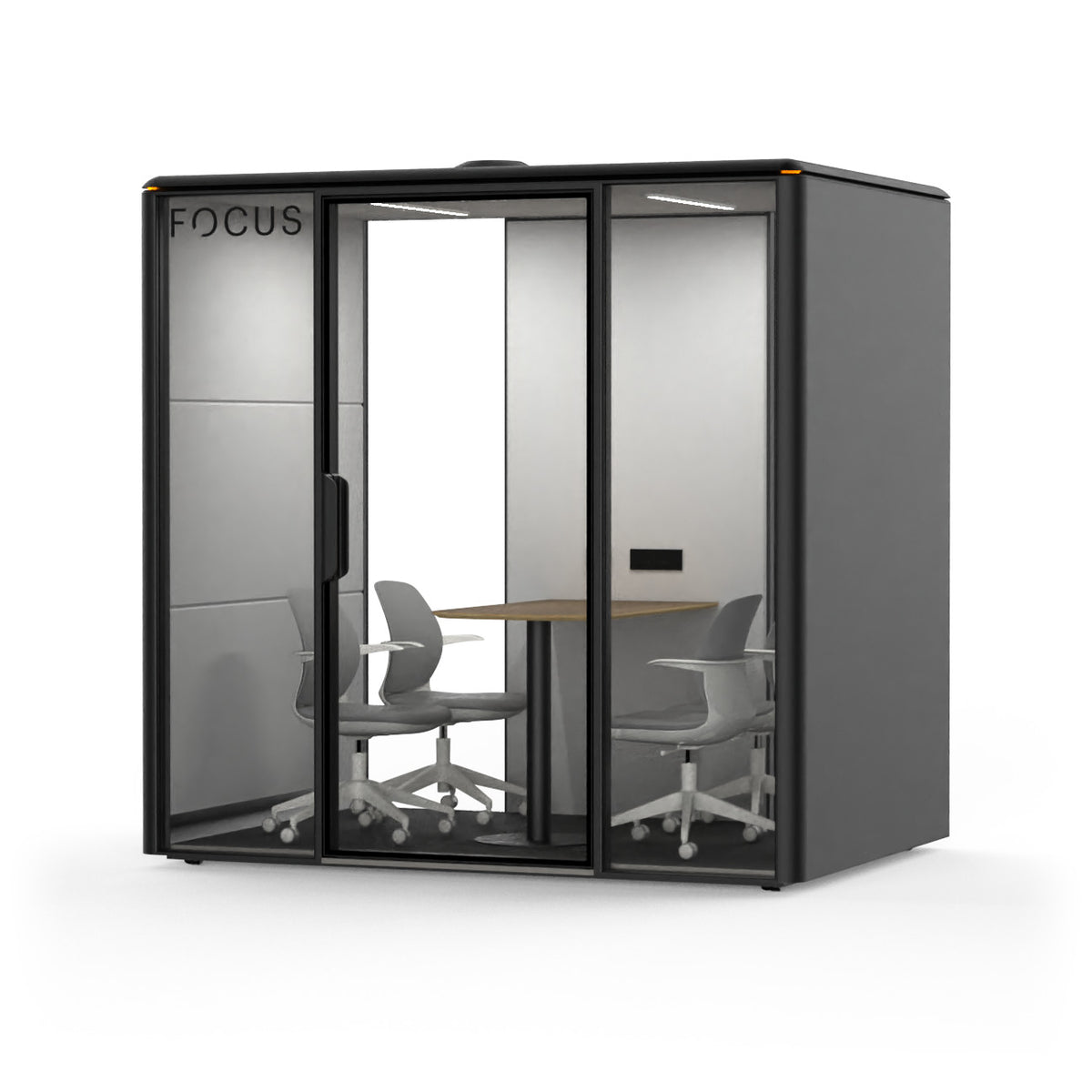 Focus Studio meeting pod in Carbon with four meeting chairs and a wall-mounted meeting table, seen from the front right