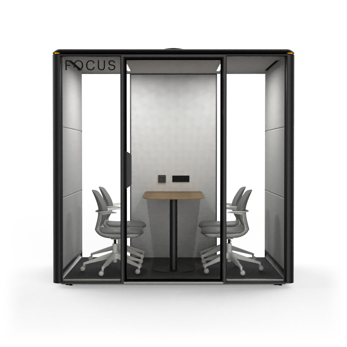 Focus Studio meeting pod in Carbon with four meeting chairs and a wall-mounted meeting table, seen from the front